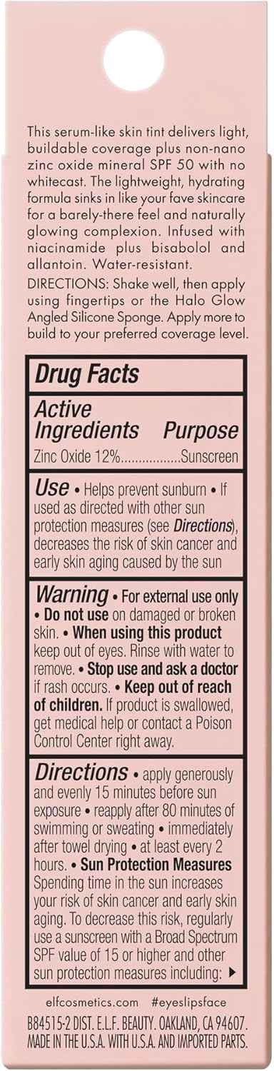 e.l.f. Halo Glow Skin Tint SPF 50, Tinted Moisturiser For Light, Buildable Coverage, Creates A Natural Glow, Vegan & Cruelty-Free, 12 Tan Cool