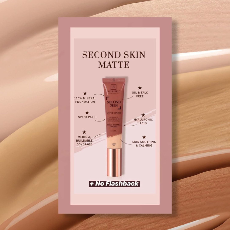 Second Skin Matte Liquid Face Foundation from Sculpted by Aimee - 32ml Buildable, Medium Coverage Foundation with Matte Finish, Hyaluronic Acid, Collagen Boosting Formula, SPF 50, (Light Golden 3.75)