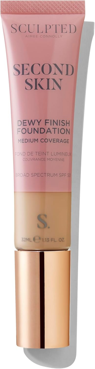 Second Skin Dewy Liquid Face Foundation from Sculpted by Aimee - 32ml Buildable, Medium Coverage Foundation with Dewy Finish, Hyaluronic Acid, Collagen Boosting Formula, SPF 50, (Medium Golden 4.25)