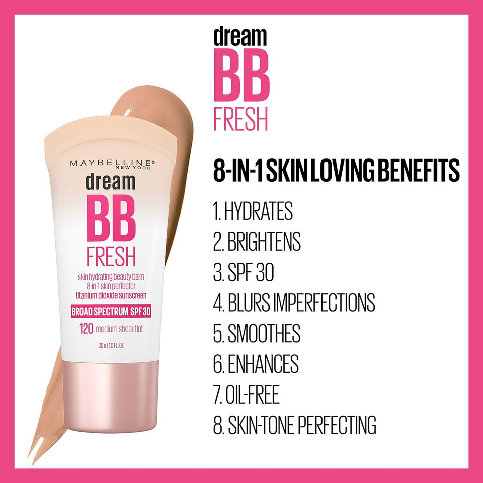 Maybelline Dream Fresh Skin Hydrating Bb Cream, 8-In-1 Skin Perfecting Beauty Balm With Broad Spectrum Spf 30, Sheer Tint Coverage, Oil-Free, Deep, 1 Fl Ozdeep