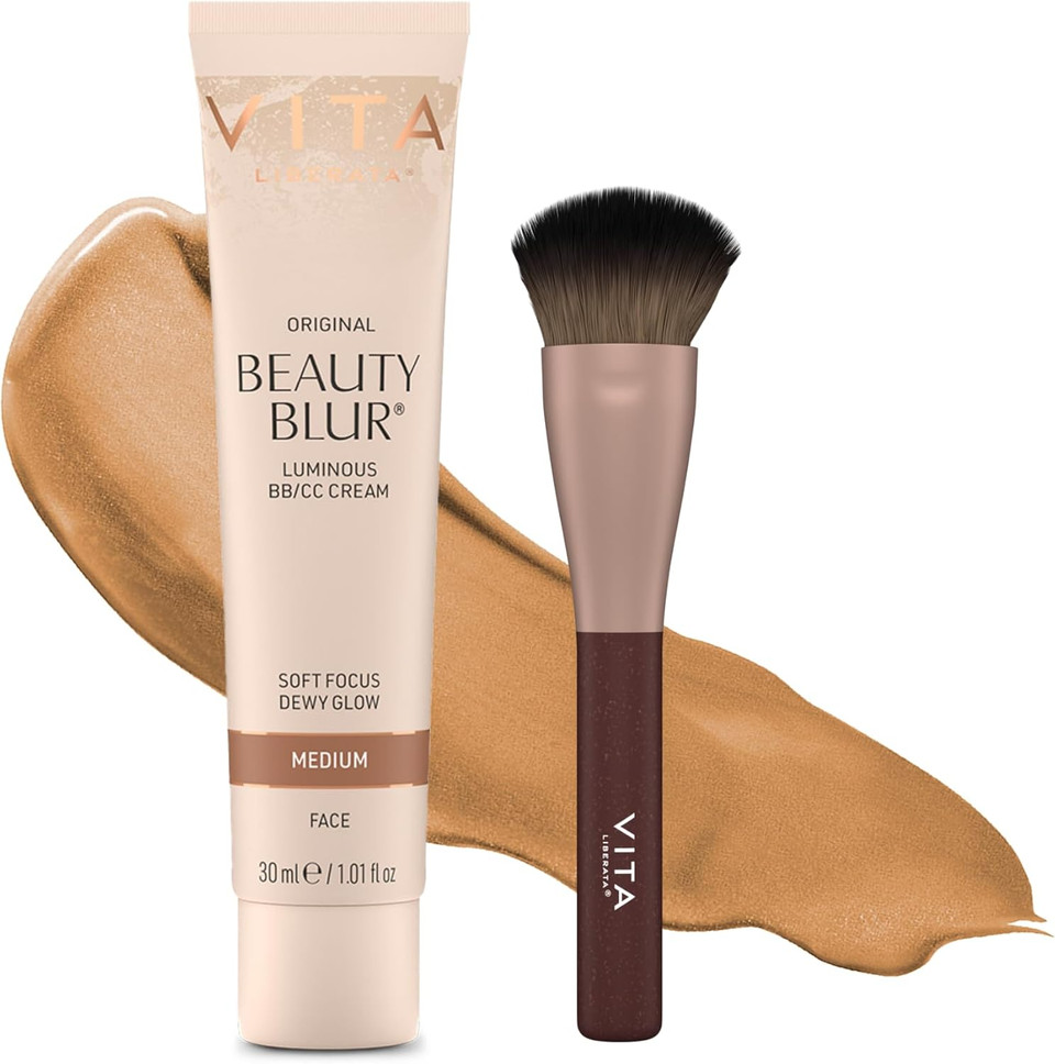 VITA LIBERATA Beauty Blur Medium 30ml & Brush Bundle, BB/CC Cream, Hydrating complexion booster, Radiant Glow & Flawless Finish, Colour Corrector, Tinted Primer, Flawless application blending brush