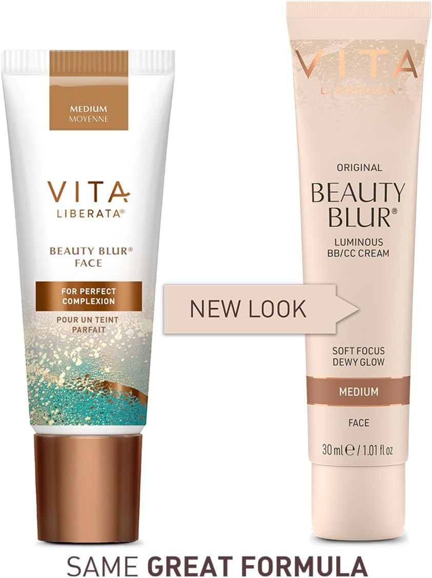 VITA LIBERATA Beauty Blur Medium 30ml & Brush Bundle, BB/CC Cream, Hydrating complexion booster, Radiant Glow & Flawless Finish, Colour Corrector, Tinted Primer, Flawless application blending brush