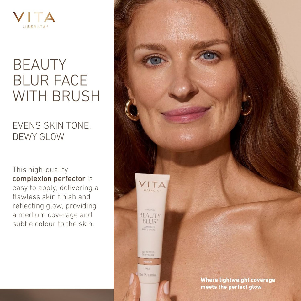 VITA LIBERATA Beauty Blur Medium 30ml & Brush Bundle, BB/CC Cream, Hydrating complexion booster, Radiant Glow & Flawless Finish, Colour Corrector, Tinted Primer, Flawless application blending brush