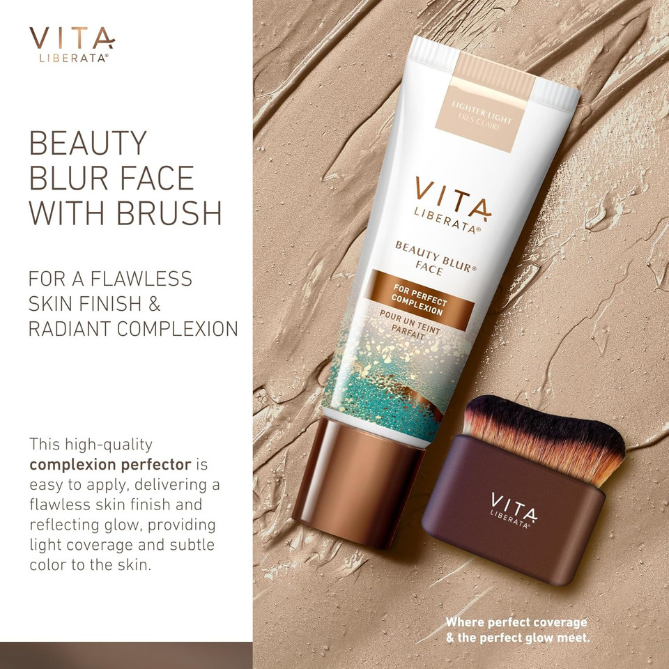 VITA LIBERATA Beauty Blur Lighter Light 30ml & Brush Bundle, BB/CC Cream, Hydrating complexion booster, Radiant Glow & Flawless Finish, Colour Corrector, Flawless application blending brush