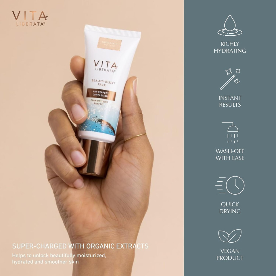 VITA LIBERATA Beauty Blur Lighter Light 30ml & Brush Bundle, BB/CC Cream, Hydrating complexion booster, Radiant Glow & Flawless Finish, Colour Corrector, Flawless application blending brush