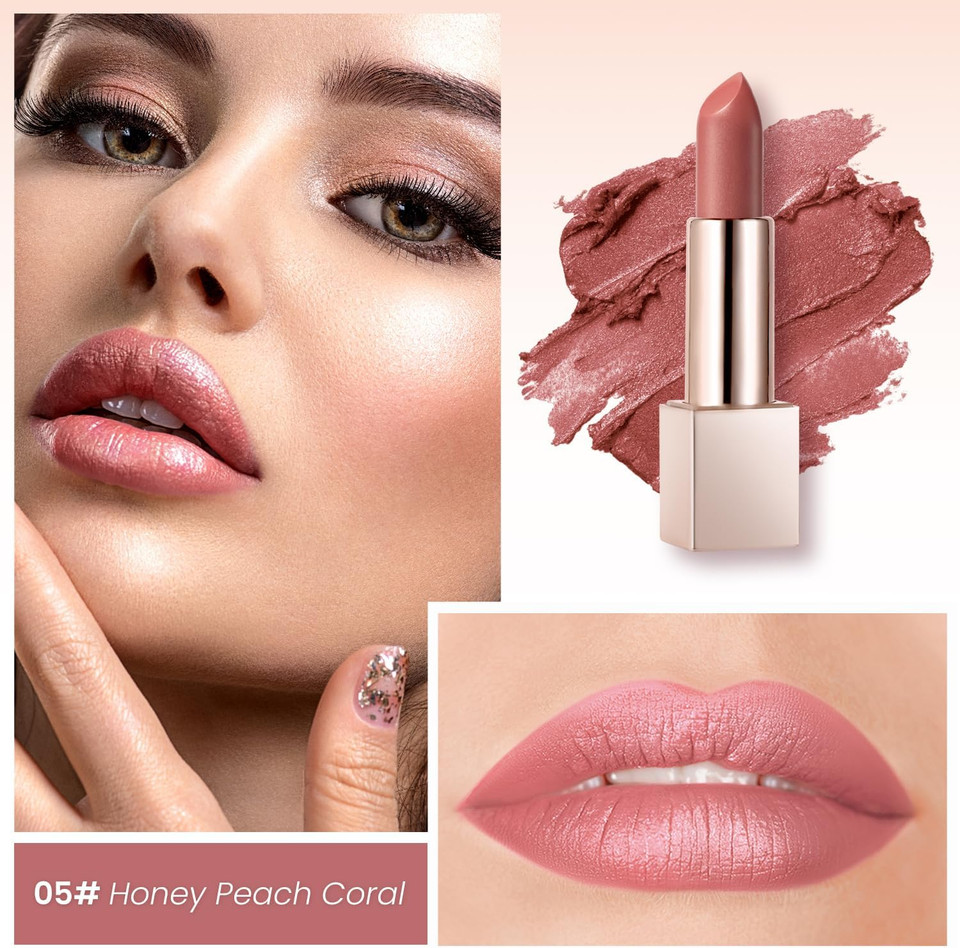 Beauty Searcher Metallic Shine Lipstick 3D Makeup for Woman Velvet Matte Lipsticks Moisturizing No-Stick Cup Lip Makeup, Long Lasting Waterproof Shine Lipstick(Honey Peach Coral)