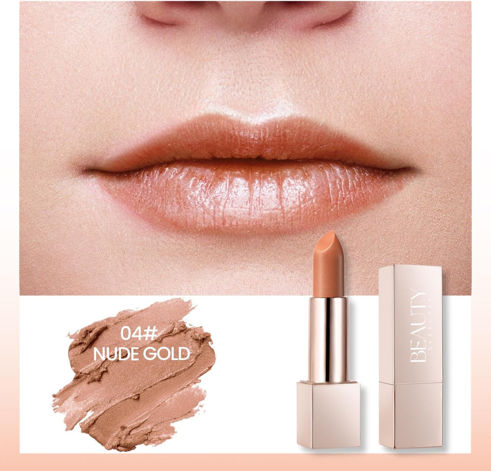 Beauty Searcher Metallic Shine Lipstick 3D Makeup for Woman Velvet Matte Lipsticks Moisturizing No-Stick Cup Lip Makeup, Long Lasting Waterproof Shine Lipstick(Nude Gold)
