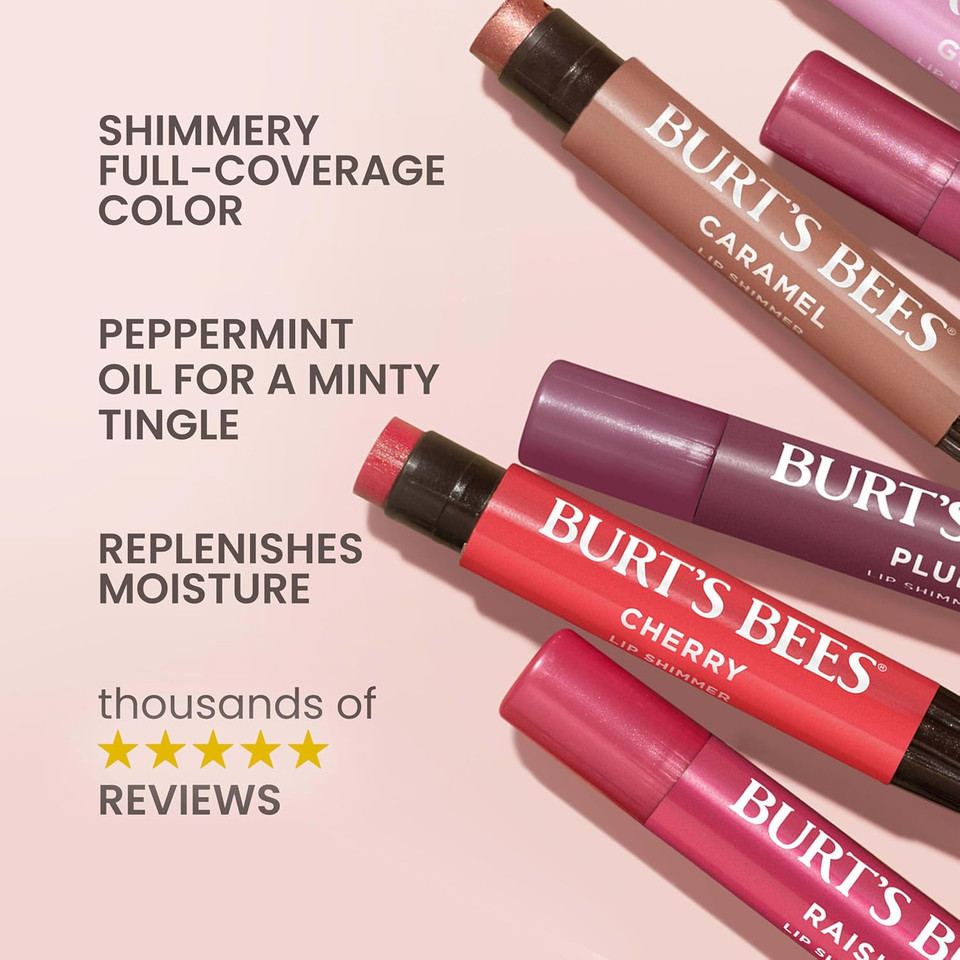 Burt's Bees Lip Shimmer Rhubarb, Moisturising Lip Shimmer with Peppermint Oil, 100% Natural Origin, 2.55g