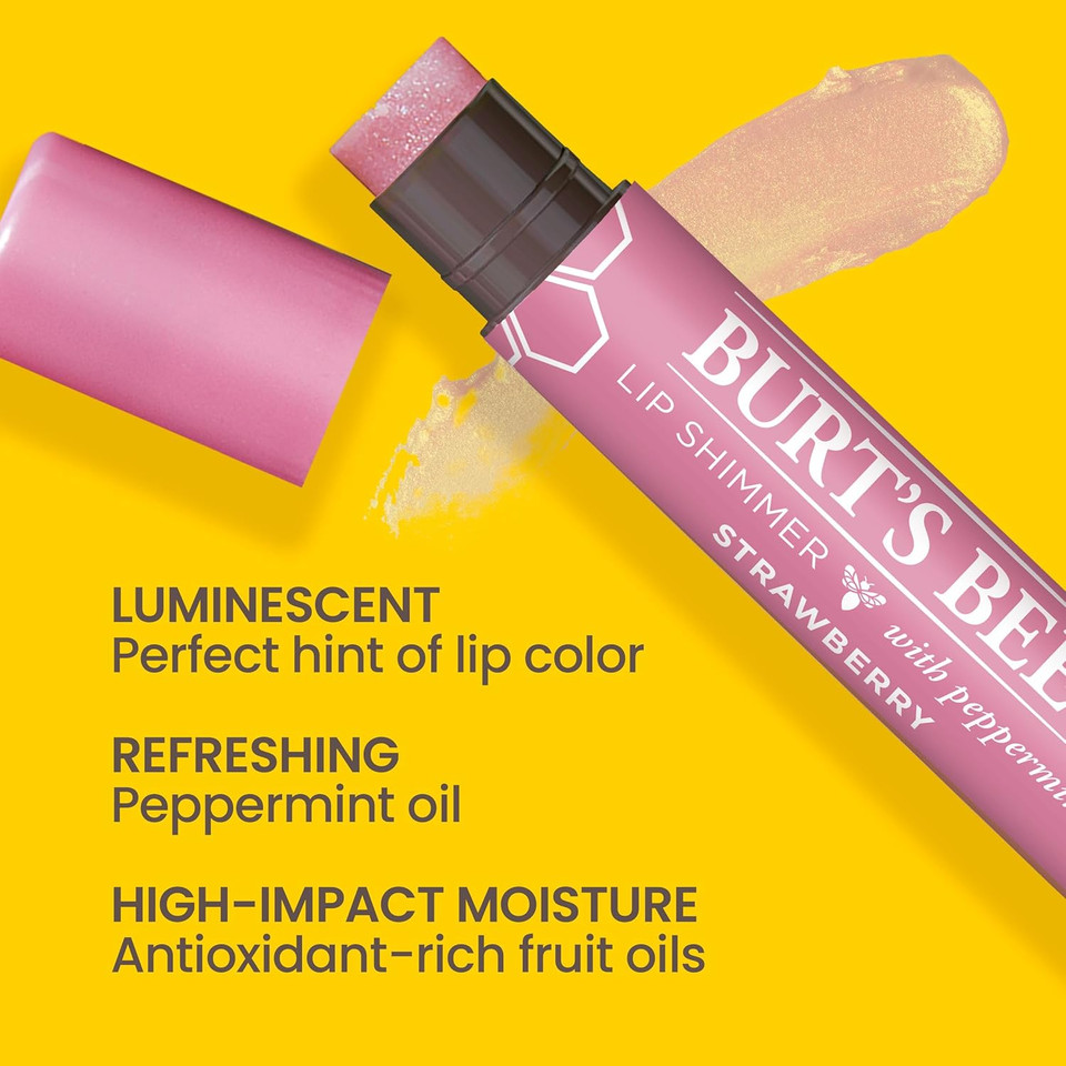Burt's Bees 100% Natural Origin Moisturising Lip Shimmer, Strawberry, 1 Tube, 1 Count (Pack of 1)