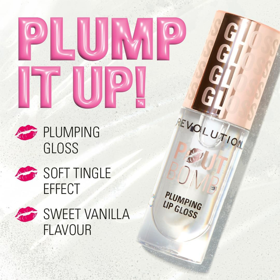 Revolution Beauty, Pout Bomb Plumping Lip Gloss, High-Shine for Glossy, Fuller & Plump Lips with Hyaluronic Acid & Peptides, Vegan & Cruelty-Free, Light Mauve