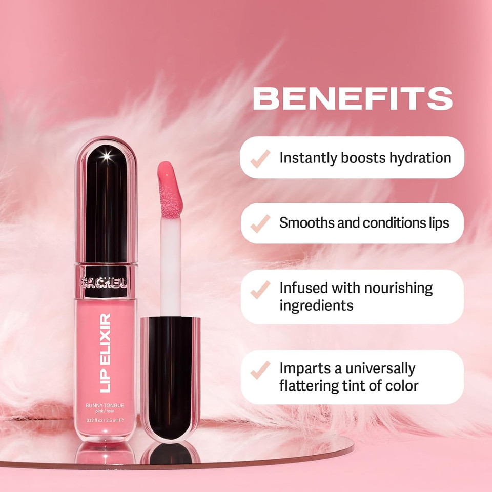 Sacheu Lip Glaze Elixir. Nourishing and Moisturizing Lip Gloss for Women. Hydrating and Plumping Lip Gloss Enriched with Collagen. Smooth High-Shine Finish. Vegan & Cruelty-Free, Bunny Tongue (Pink)