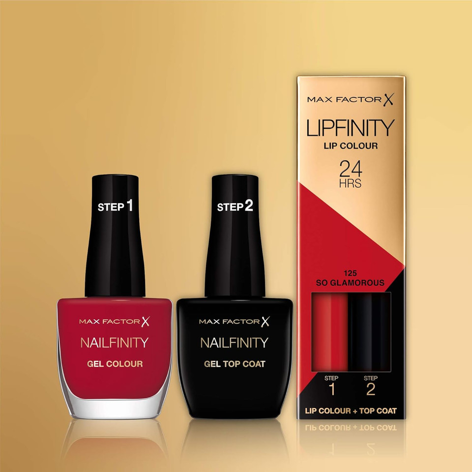 Max Factor Hollywood Duo Set, 3PC Set, Nailfinity Red Carpect Ready 310, Nailfinity The Finale Gel Top Coat 100, Long Lasting Two Step Lipstock So Glamorous 125