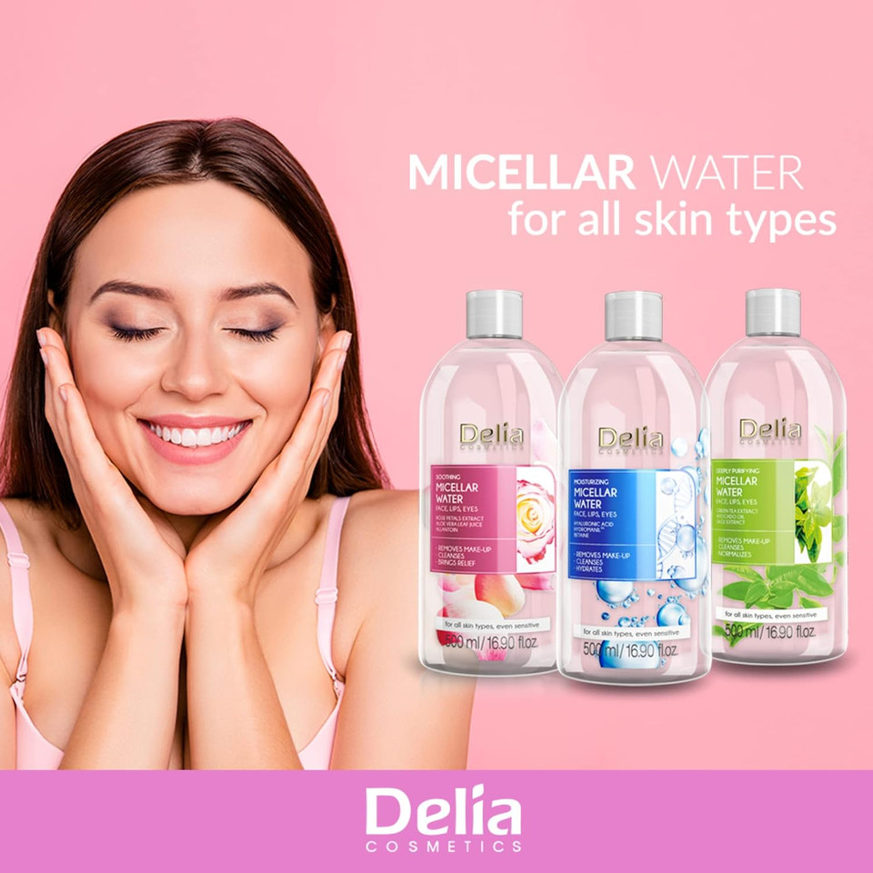 Delia Cosmetics - Moisturizing Micellar Water - Facial Cleanser with Hyaluronic Acid - Clean, Soft, Fresh & Calm Face Skin - Make-Up Remover - 500ml