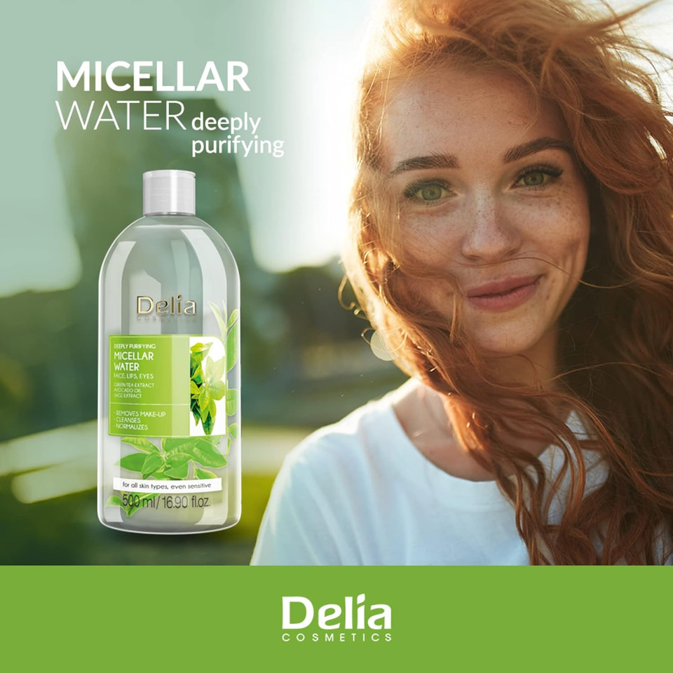 Delia Cosmetics - Purifying Micellar Water - Facial Cleanser with Green Tea Extract & Avocado Oil - Deep Cleansing, Refreshing - Reduced Sebum Production - 500ml
