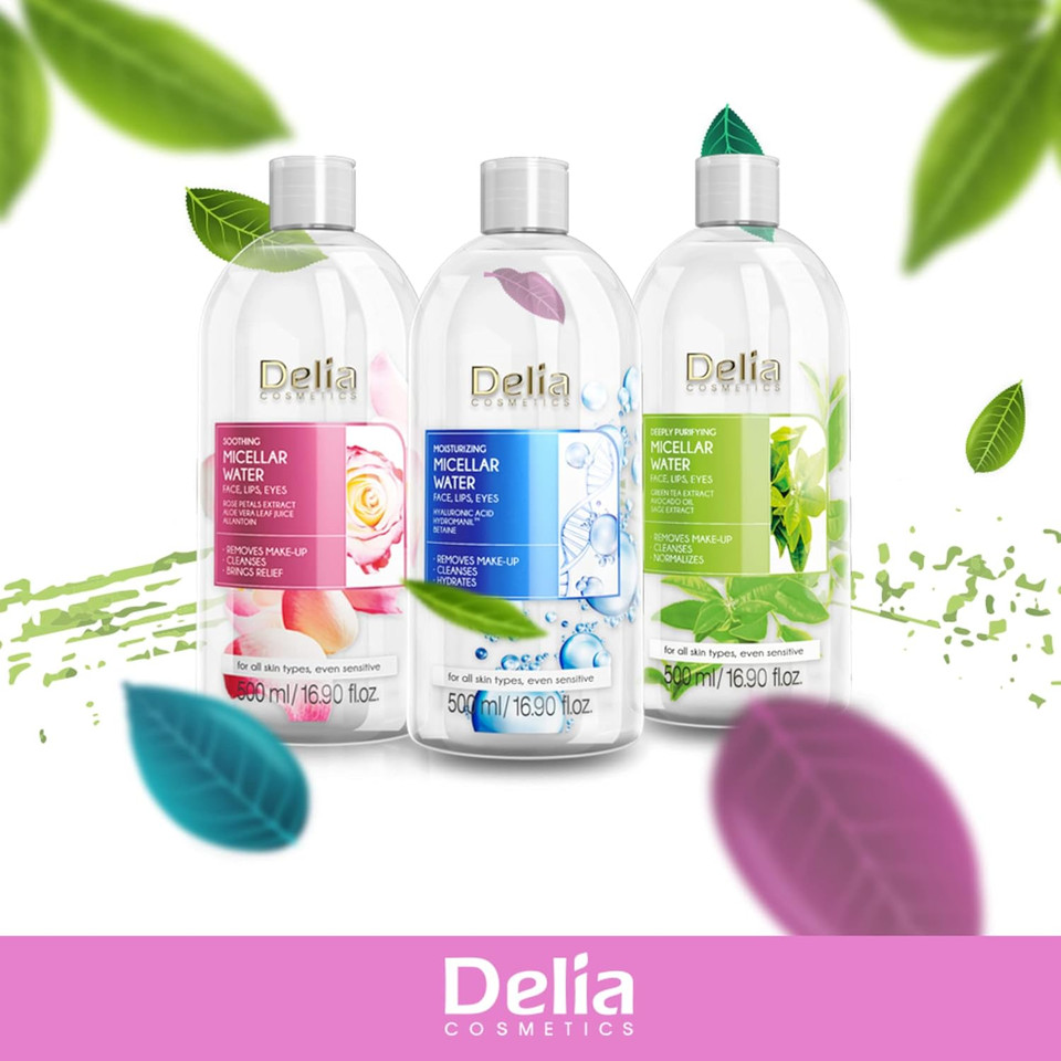 Delia Cosmetics - Purifying Micellar Water - Facial Cleanser with Green Tea Extract & Avocado Oil - Deep Cleansing, Refreshing - Reduced Sebum Production - 500ml