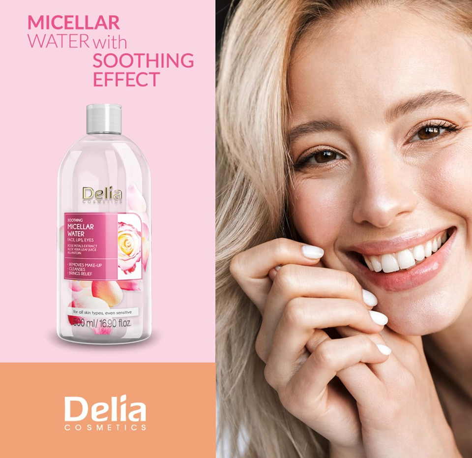 Delia Cosmetics - Soothing Micellar Water - Facial Cleanser with Rose Petal Extract & Allantoin - Clean, Soft, Fresh & Calm Face Skin - for Dry, Dehydrated Skin - 500ml