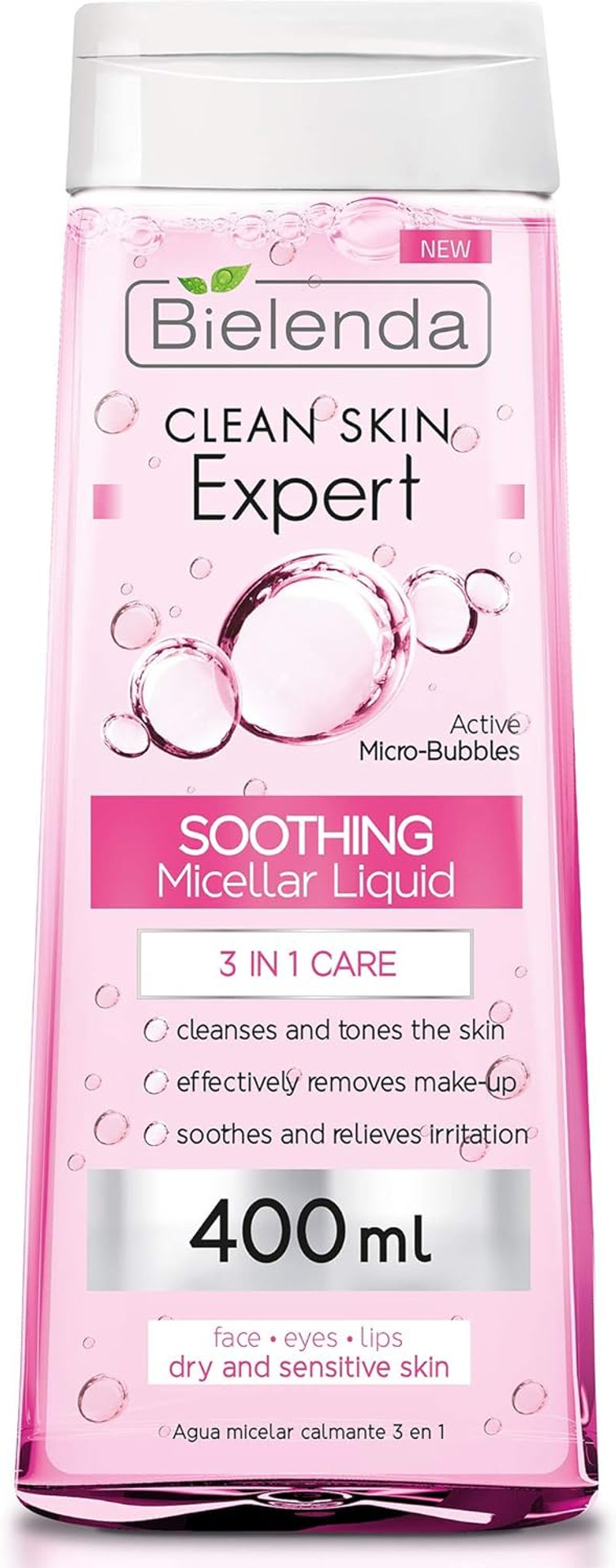 Bielenda Clean Skin Expert - 3-In-1 Soothing Micellar Water For Make-Up Removal And Cleansing Of The Face, Eyes And Lips - Clean Skin Expert 3 In 1 Soothing Micellar Water - 400 ml