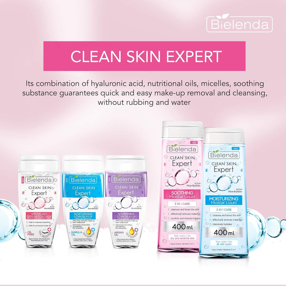 Bielenda Clean Skin Expert - 3-In-1 Soothing Micellar Water For Make-Up Removal And Cleansing Of The Face, Eyes And Lips - Clean Skin Expert 3 In 1 Soothing Micellar Water - 400 ml