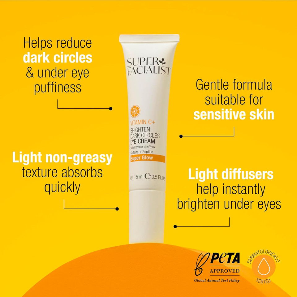 Super Facialist - Vitamin C + Brighten Dark Circle Eye Cream, Revive & Brighten The Under Eye Area, Boosted with Caffeine & Light Diffusers, Fragrance Free, 15ml