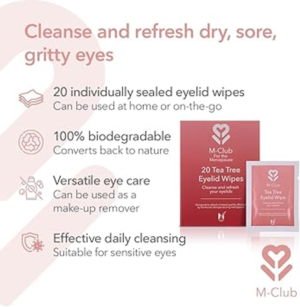M-Club Tea Tree Eyelid Wipes - Biodegradable Eye Wipes - Suitable for Blepharitis, Dry Eyes, MGD & Irritated Eyes - Individually Wrapped, Travel-Friendly, Ideal for Sensitive Eyes - 20 Pack