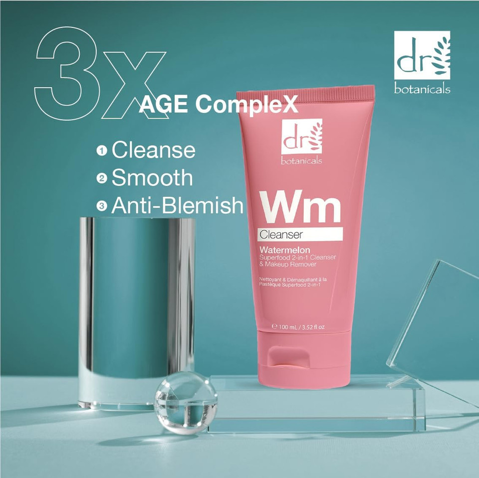 Dr Botanicals Watermelon Cleanser & Makeup Remover 100ml with Salicylic Acid, Glycolic Acid, Lactic Acid, and Gluconolactone - Targets Blemishes and Skin Texture - Infused with Watermelon Seed Oil