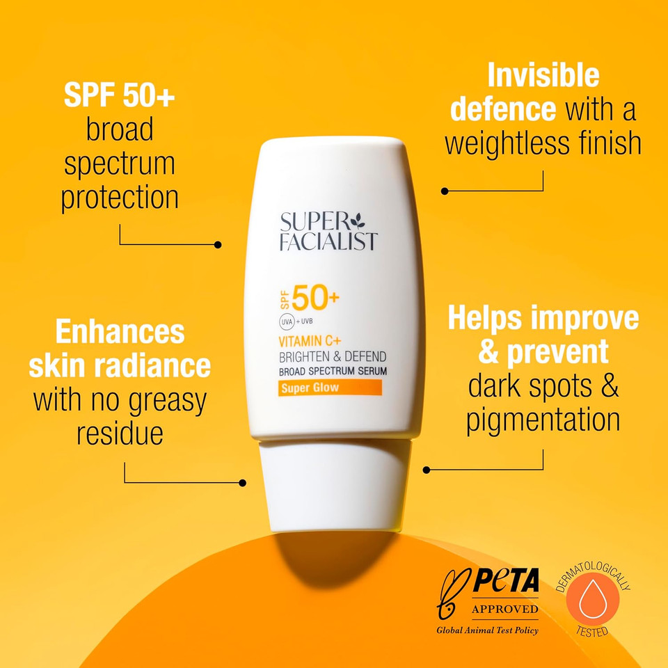 Super Facialist Vitamin C+ Defend Serum  SPF 50+ Broad Spectrum Protection, Antioxidant Face Serum for Radiant, Even Skin Tone & Daily UV Defense, 30ml