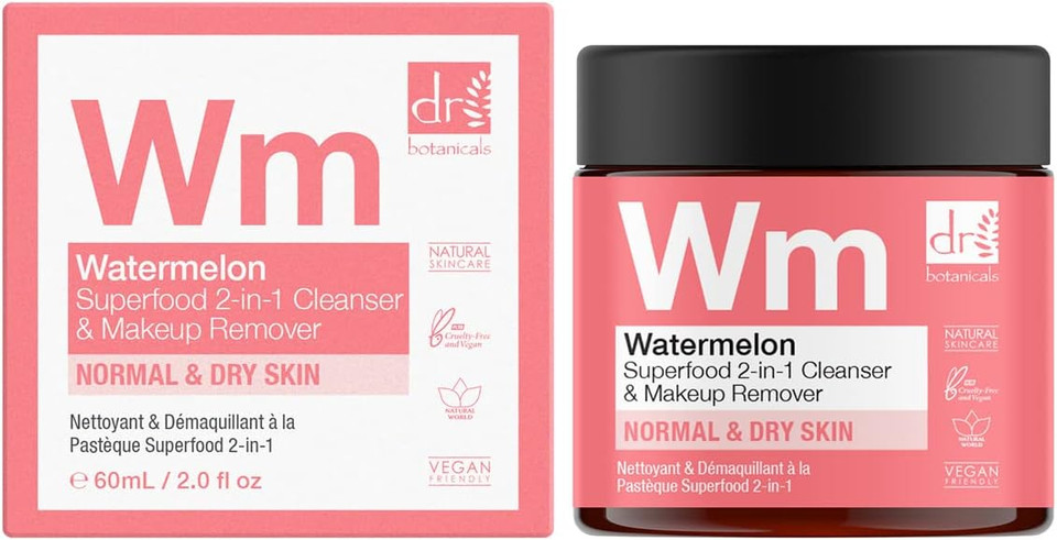Dr Botanicals Natural Superfood 2 in 1 Cleanser & Makeup Remover with Watermelon Seed Oil, Omega Acids for Dry, Oily Skin. Reduce Sebum, Removes impurities, Recharges Face for a Glowing Look