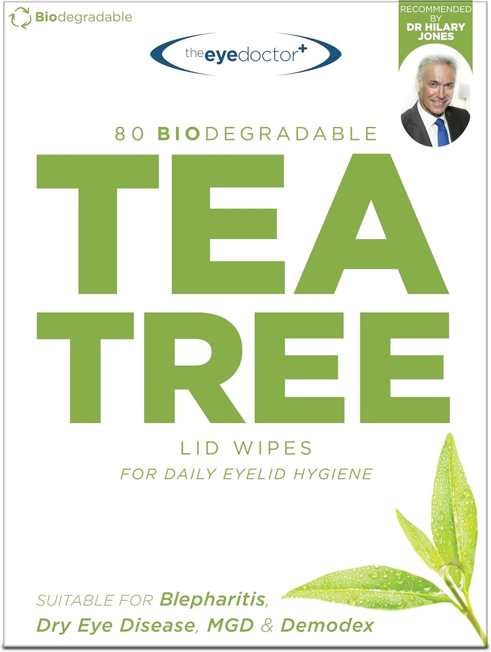 The Eye Doctor Tea Tree Eyelid Wipes - Suitable for use with Blepharitis, Dry Eyes, Sensitive Eyes & MGD - 80 x Biodegradable Tea Tree Eyelid Cleaning Wipes - Detergent and Preservative Free