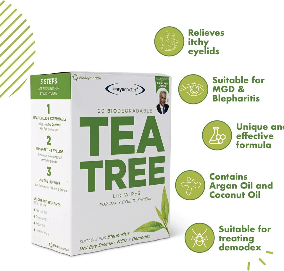 The Eye Doctor Tea Tree Eyelid Wipes - Suitable for use with Blepharitis, Dry Eyes, Sensitive Eyes & MGD - 80 x Biodegradable Tea Tree Eyelid Cleaning Wipes - Detergent and Preservative Free