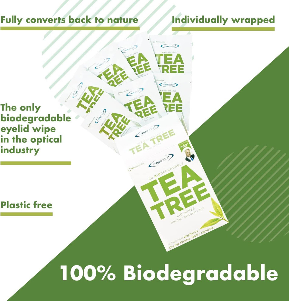 The Eye Doctor Tea Tree Eyelid Wipes - Suitable for use with Blepharitis, Dry Eyes, Sensitive Eyes & MGD - 80 x Biodegradable Tea Tree Eyelid Cleaning Wipes - Detergent and Preservative Free