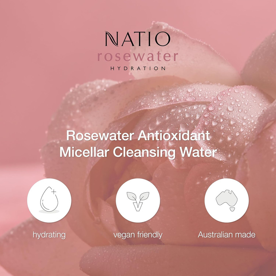 Natio Australia Rosewater Hydration Antioxidant Micellar Cleansing Water, 250 ml - Makeup Remover Face Cleanser - Facial Cleanser for All Skin Types