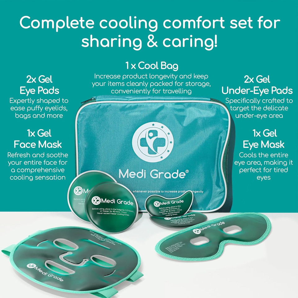 Medi Grade Cooling Face Mask set with Cooling Eye Mask for Puffy Eyes and Insulated Thermo-bag - Soothing Gel Ice Face Mask and Eye Ice Mask for Dark Circles and Puffiness - Cold Face Mask Relaxation Medi Grade Cooling Face Mask set with Cooling Eye Mask for Puffy Eyes and Insulated Thermo-bag - Soothing Gel Ice Face Mask and Eye Ice Mask for Dark Circles and Puffiness - Cold Face Mask Relaxation