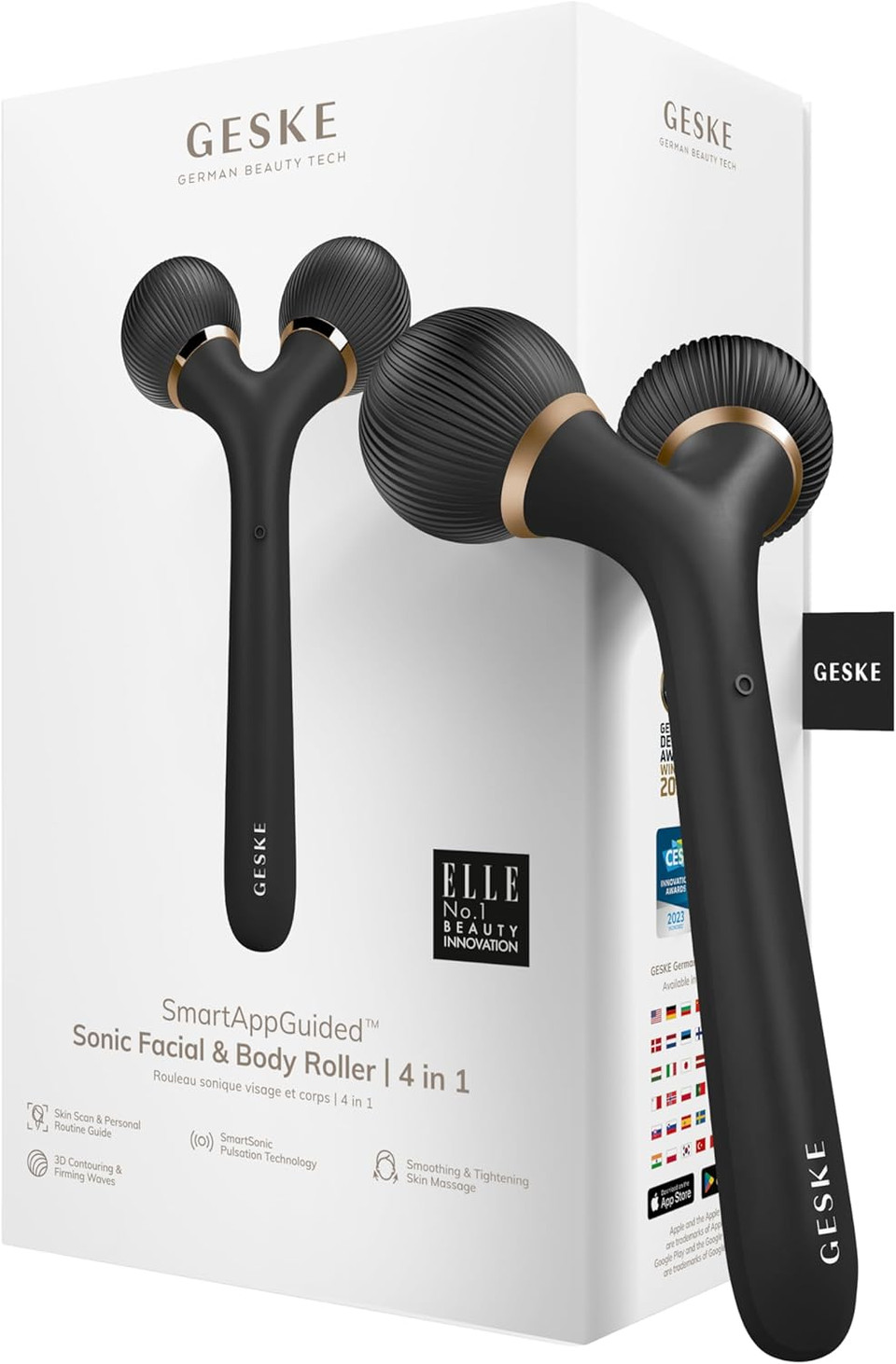 GESKE SmartAppGuided Sonic Facial & Body Roller | 4 in 1 | Derma Roller | Facial & Body | professional facial & body roller | for skincare and beauty routine