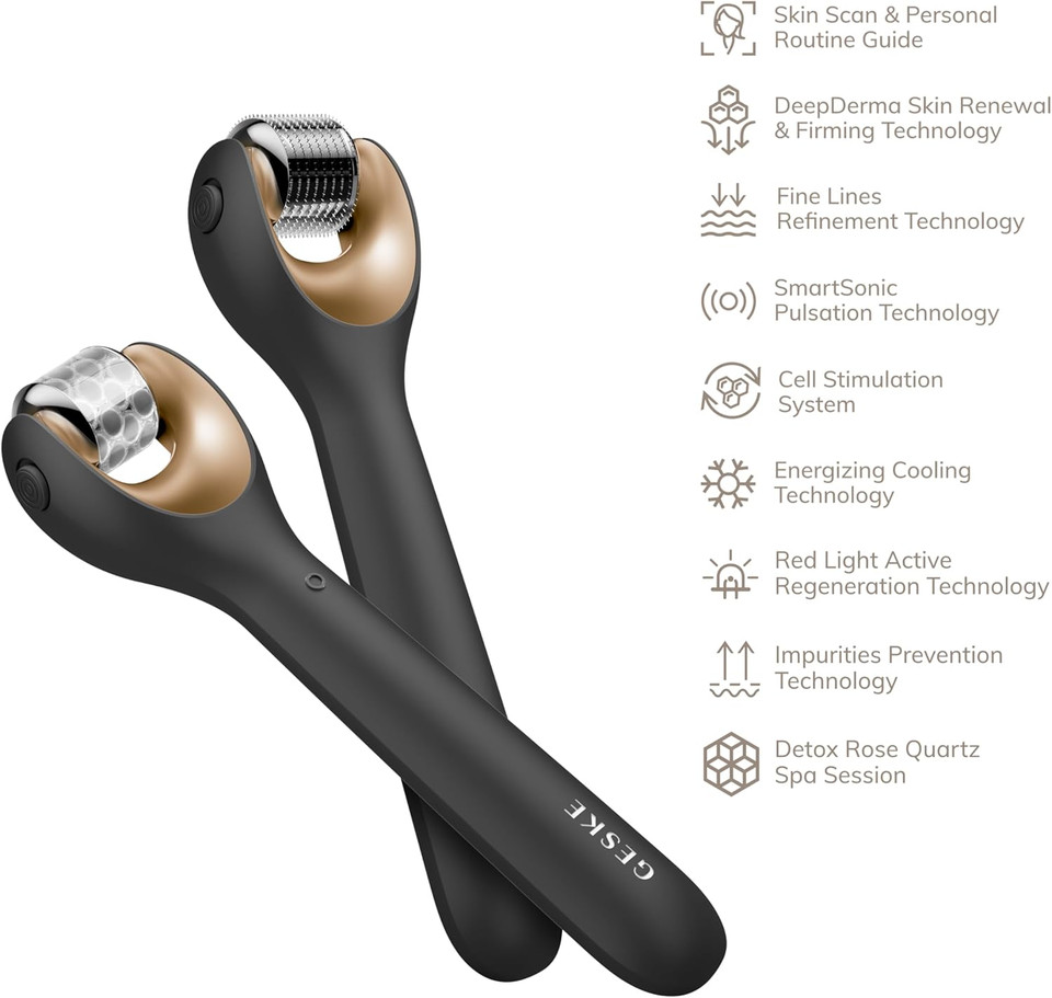 GESKE SmartAppGuided MicroNeedle Face Roller | 9 in 1 | Electric derma roller with rose quartz | Professional microneedling device | Needle roller | Beauty roller for face