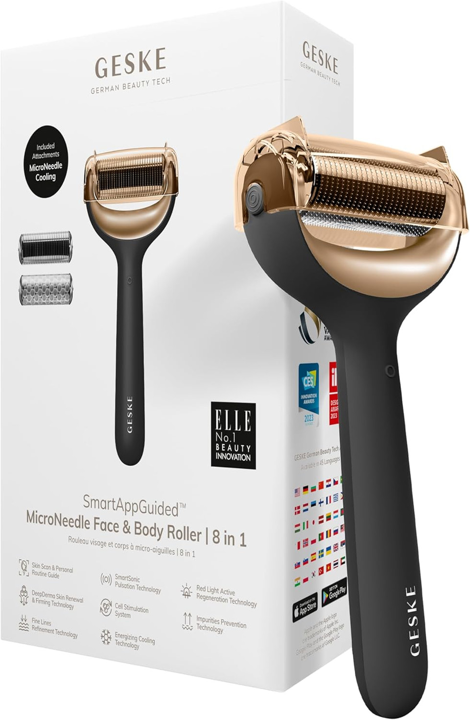 GESKE SmartAppGuided MicroNeedle Face & Body Roller | 8 in 1 | Derma Roller | Electric roller | Microneedling device | Needle roller | Beauty roller for face and body