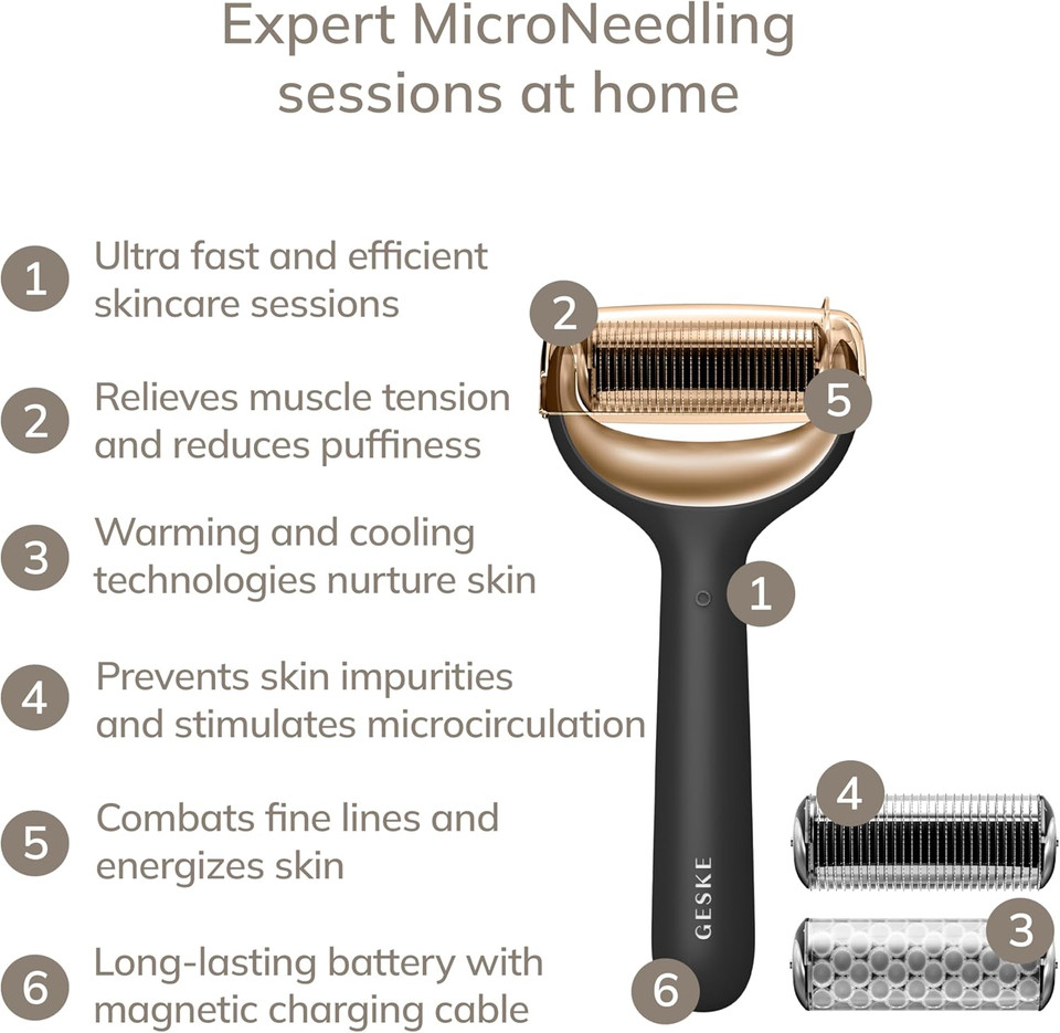 GESKE SmartAppGuided MicroNeedle Face & Body Roller | 8 in 1 | Derma Roller | Electric roller | Microneedling device | Needle roller | Beauty roller for face and body