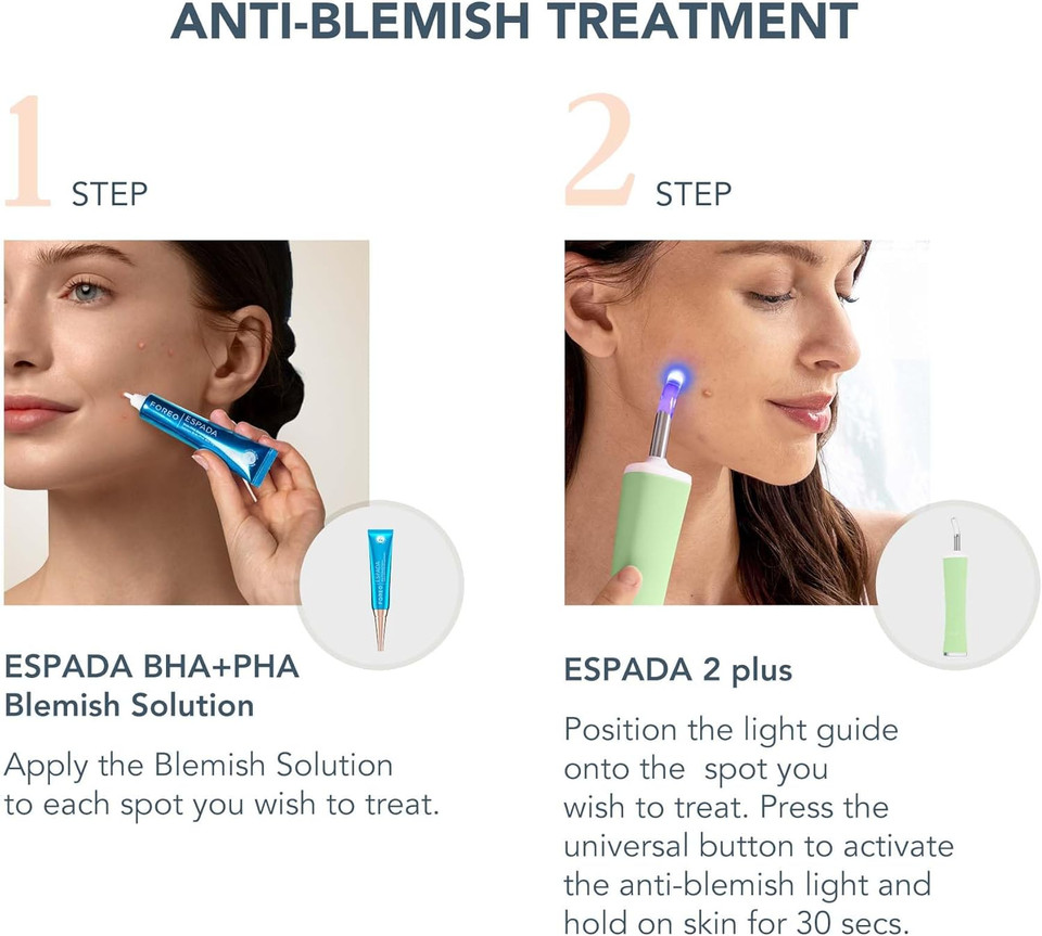 FOREO Flawless & Fabulous ESPADA 2 Plus Bundle - LED Light Therapy Device + ESPADA BHA+PHA Blemish Solution,15 ml - Medical-grade Silicone - Scar Treatment for Face - Pimple & Blemish Removal