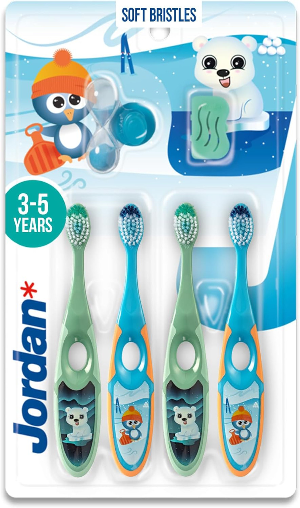 Jordan® | Step 2 Toothbrush for Children | Toothbrush for Ages 3 to 5 Years | Soft Bristles, Double Ergonomic Handle and BPA Free | Colour Blue and Green | Pack of 4 Jordan® | Step 2 Toothbrush for Children | Toothbrush for Ages 3 to 5 Years | Soft Bristles, Double Ergonomic Handle and BPA Free | Colour Blue and Green | Pack of 4