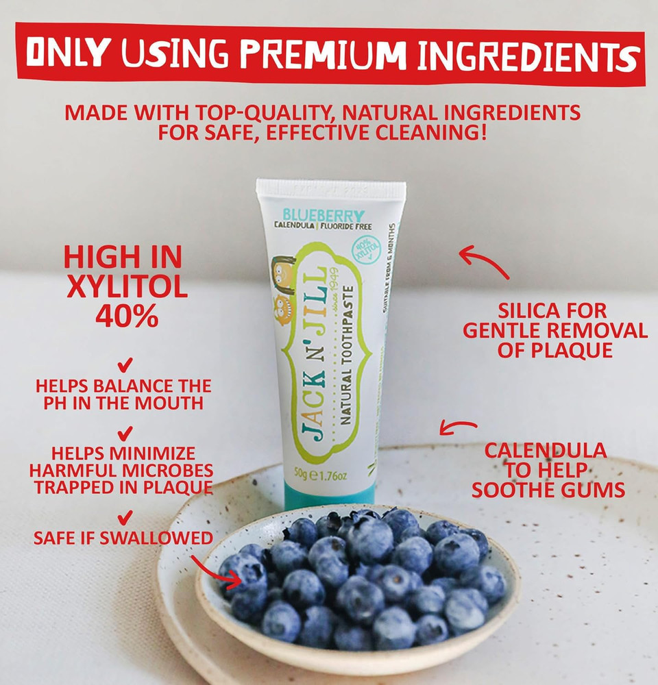 Jack N' Jill Natural Certified Toothpaste - Baby & Toddler Toothpaste, Fluoride-Free, 40% Xylitol, Sugar-Free, Safe for 6 Months and Up, Makes Tooth Brushing Fun, Bubblegum Flavour, 2 x 50g