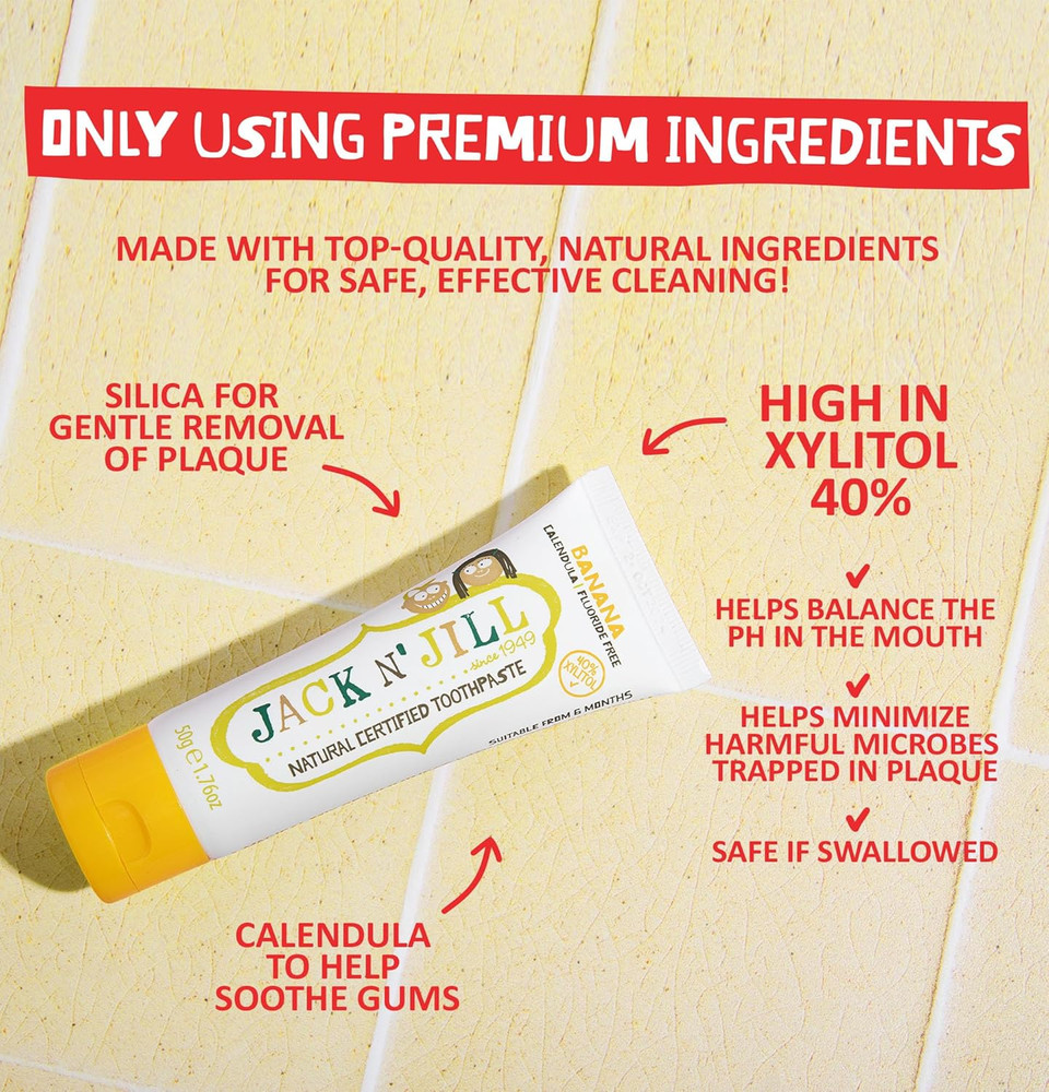 Jack N' Jill Natural Certified Toothpaste - Baby & Toddler Toothpaste, Fluoride-Free, 40% Xylitol, Sugar-Free, Safe for 6 Months and Up, Makes Tooth Brushing Fun, Organic Banana Flavour, 2 x 50g Jack N' Jill Natural Certified Toothpaste - Baby & Toddler Toothpaste, Fluoride-Free, 40% Xylitol, Sugar-Free, Safe for 6 Months and Up, Makes Tooth Brushing Fun, Organic Banana Flavour, 2 x 50g