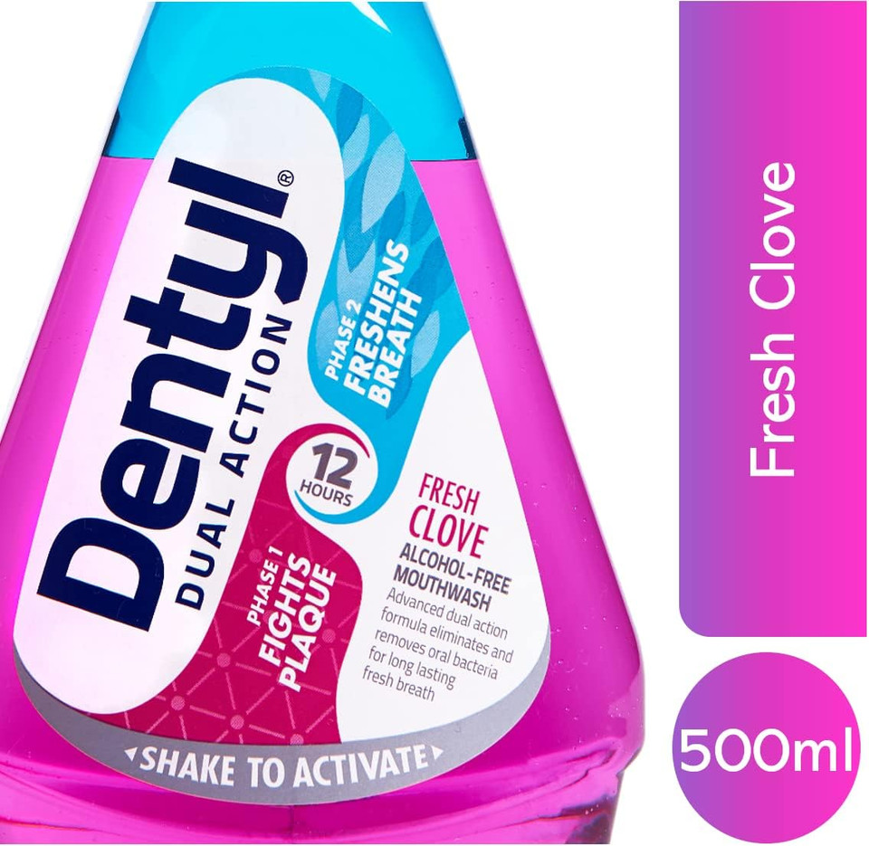 Dentyl Dual Action CPC Mouthwash, 12hrs Fresh Breath & Total Care, Alcohol Free, Fresh Clove, 500 ml