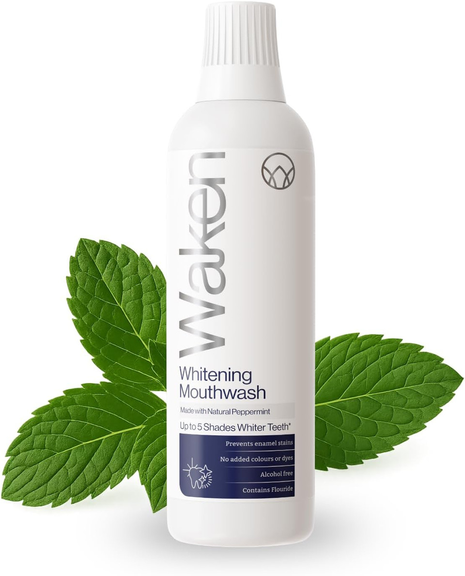 Waken Whitening Mouthwash, clinically Tested whitening Formula for up to 5 Shades Whiter Teeth, Prevents Enamel Stains, Alcohol-Free, Vegan, Recycled Packaging, Natural Peppermint Flavour, 500ml Waken Whitening Mouthwash, clinically Tested whitening Formula for up to 5 Shades Whiter Teeth, Prevents Enamel Stains, Alcohol-Free, Vegan, Recycled Packaging, Natural Peppermint Flavour, 500ml