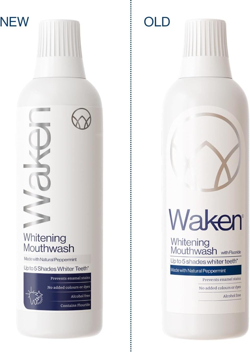 Waken Whitening Mouthwash, clinically Tested whitening Formula for up to 5 Shades Whiter Teeth, Prevents Enamel Stains, Alcohol-Free, Vegan, Recycled Packaging, Natural Peppermint Flavour, 500ml Waken Whitening Mouthwash, clinically Tested whitening Formula for up to 5 Shades Whiter Teeth, Prevents Enamel Stains, Alcohol-Free, Vegan, Recycled Packaging, Natural Peppermint Flavour, 500ml