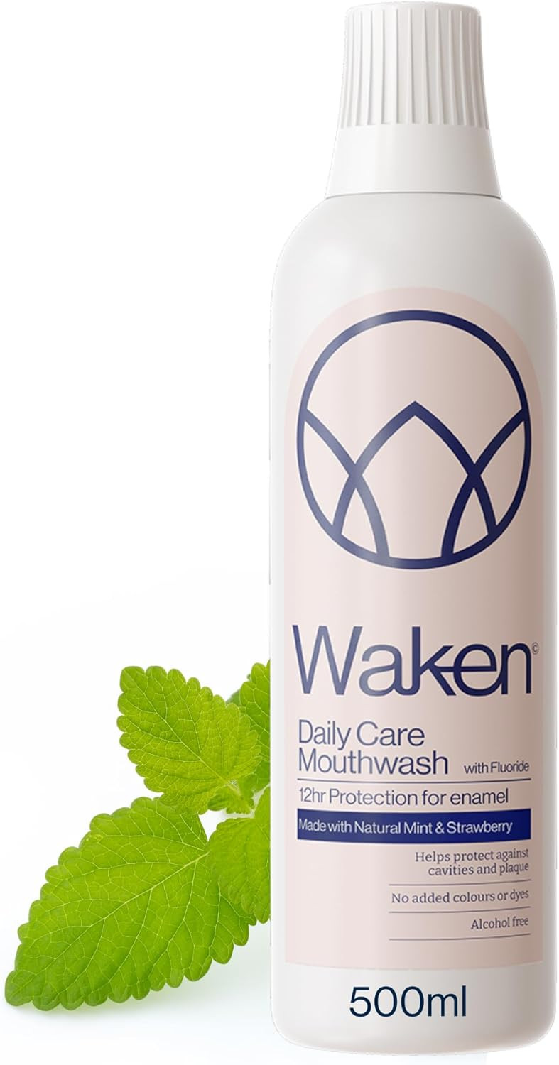 Waken, Strawberry Fluoride Mouthwash for Bad Breath, Helps Protect Against Cavities and Plaque, Alcohol Free Mouth wash, Strengthens Enamel, Vegan, No Added Colours or Flavors, Award-Winning, 500ml