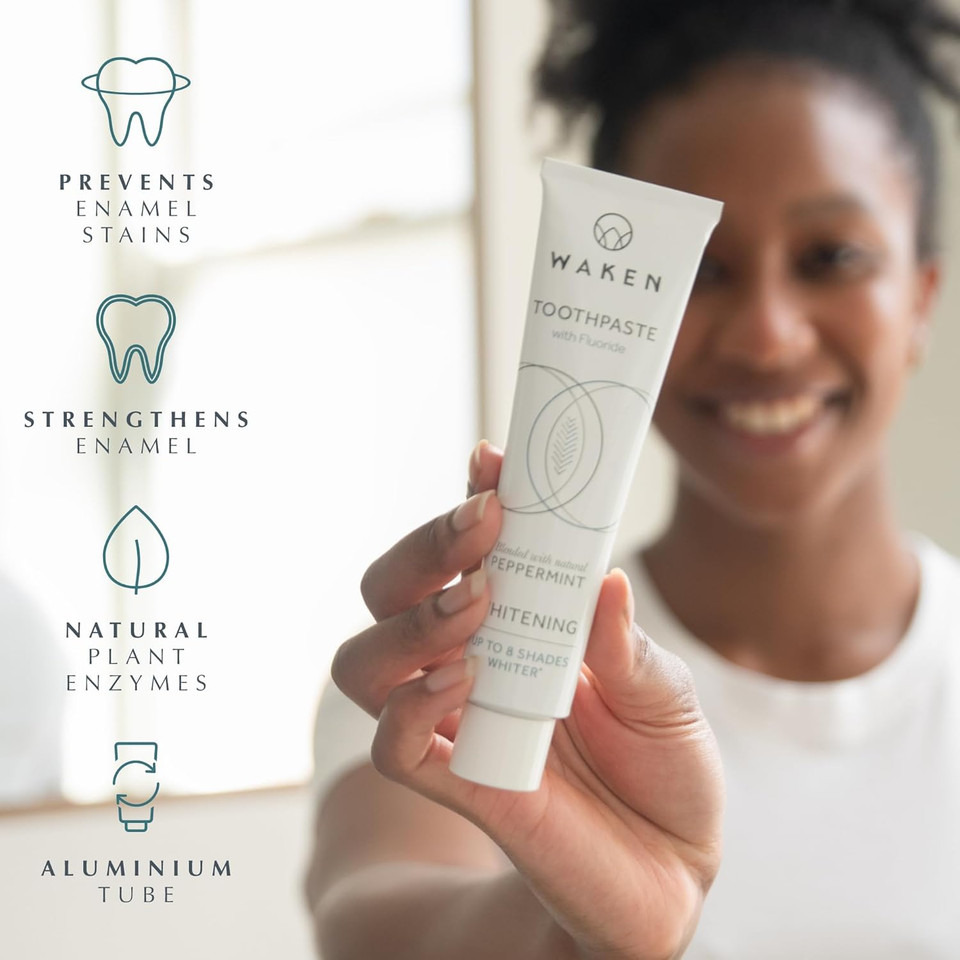 Waken Whitening Toothpaste, clinically Tested whitening Formula for up to 8 Shades Whiter Teeth, Prevents Enamel Stains, SLS-Free, Vegan Friendly, 100% Recyclable, Natural Peppermint Flavour, 75ml Waken Whitening Toothpaste, clinically Tested whitening Formula for up to 8 Shades Whiter Teeth, Prevents Enamel Stains, SLS-Free, Vegan Friendly, 100% Recyclable, Natural Peppermint Flavour, 75ml