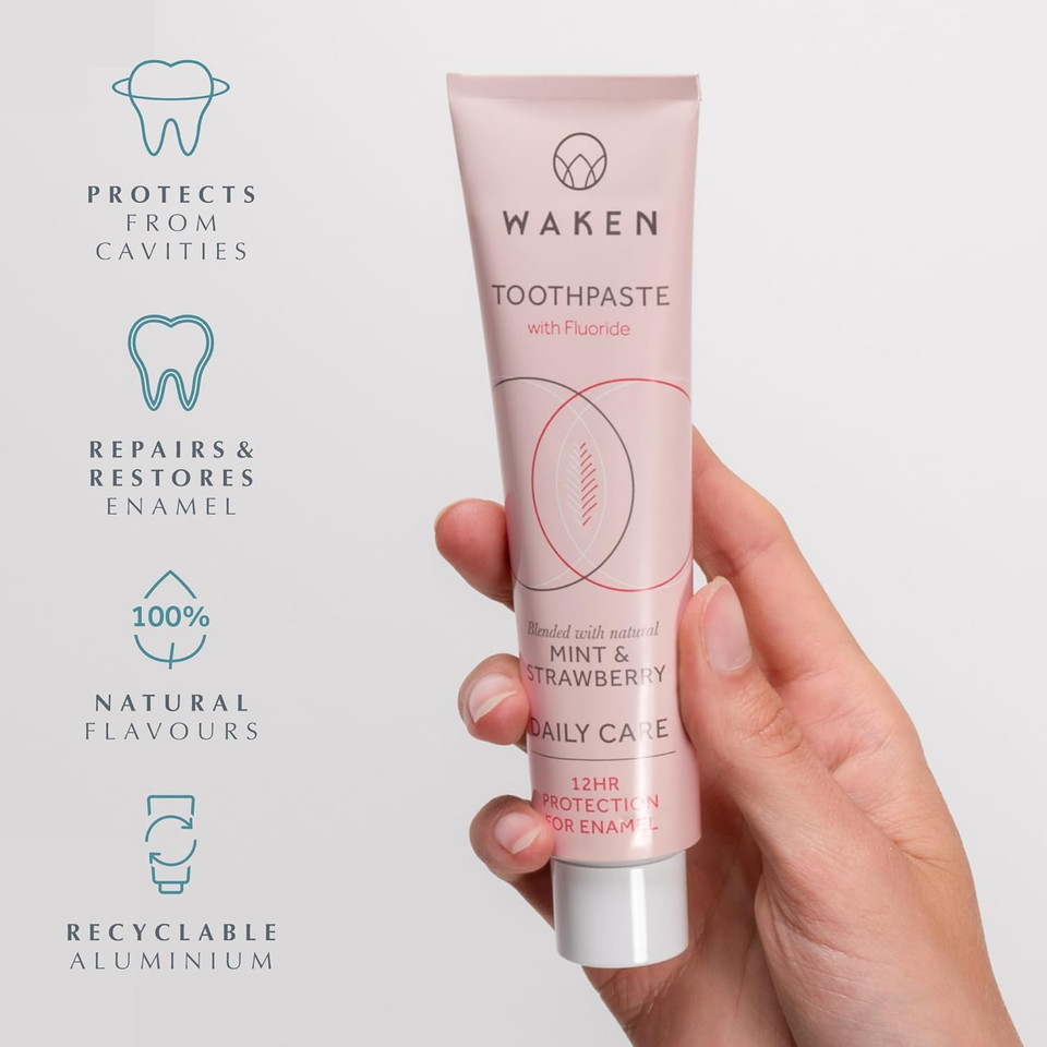 Waken, Strawberry Fluoride Toothpaste, Helps protect against cavities and reduce plaque, No Artificial Colours, Thoughtful Packaging, Recycled Aluminium Tube, Vegan Toothpaste, 75ml