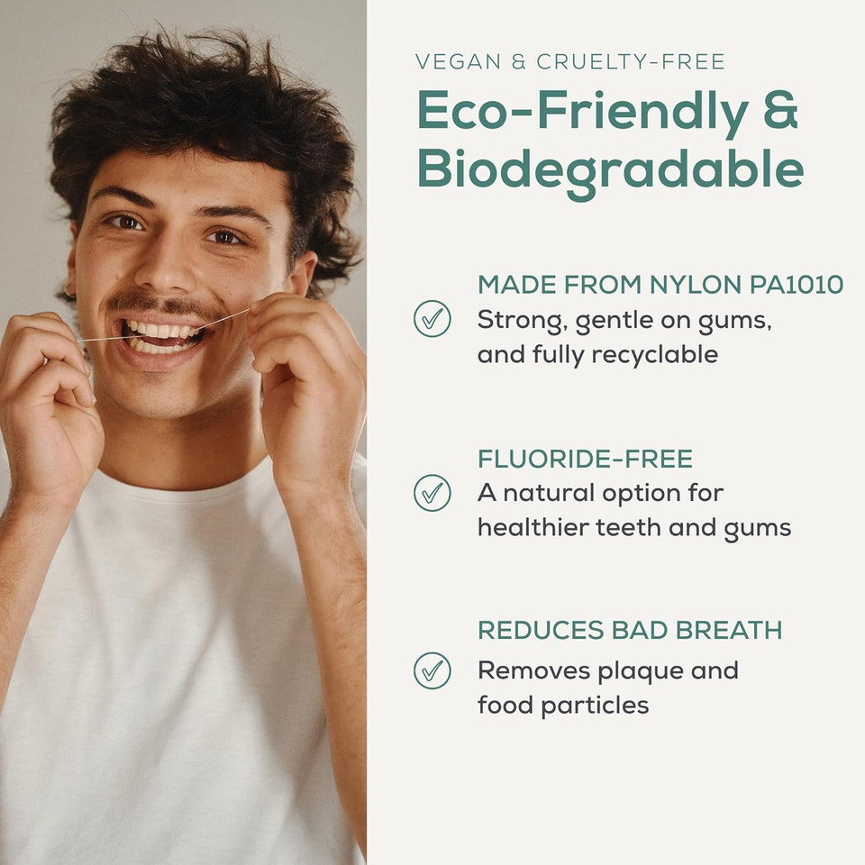 Georganics Plastic-Free Natural Dental Floss - Vegan, Cruelty-Free Castor Oil Floss - Spearmint Flavour - Fluoride-Free Oral Health - Eco-Friendly Refillable & Biodegradable - 50m Length