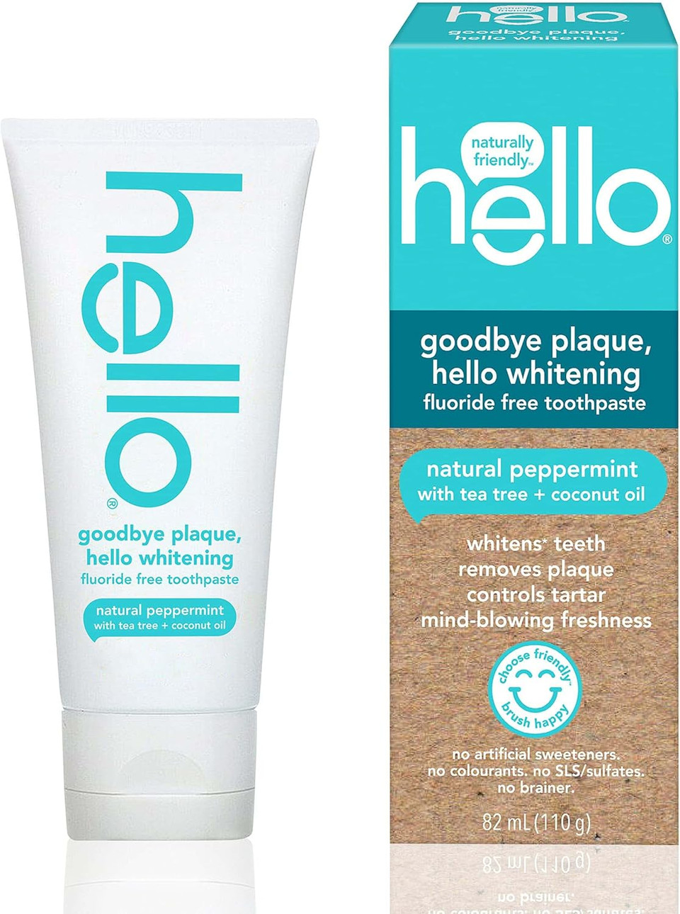 Hello Goodbye Plaque Plus Whitening Fluoride-Free Toothpaste, Natural Peppermint Flavour, Peroxide Free, 82 ml