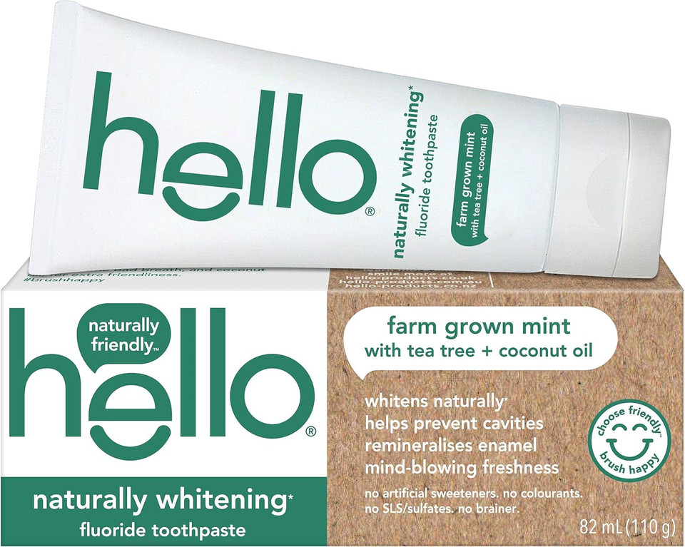 Hello Naturally Whitening Fluoride Toothpaste - Vegan, Peroxide Free, Natural Farm Grown Mint Flavour 82 ml