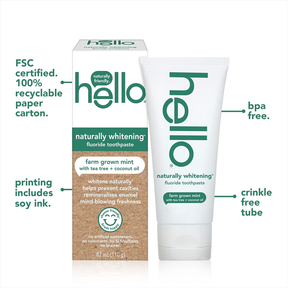 Hello Naturally Whitening Fluoride Toothpaste - Vegan, Peroxide Free, Natural Farm Grown Mint Flavour 82 ml